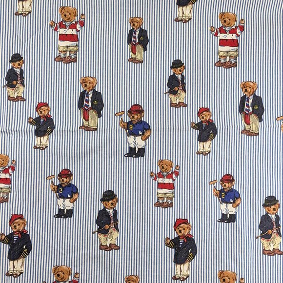 Ralph Lauren Polo Teddy Bear Twin Flat Sheet Blue White Stripe 100% Cotton VTG - Picture 1 of 5